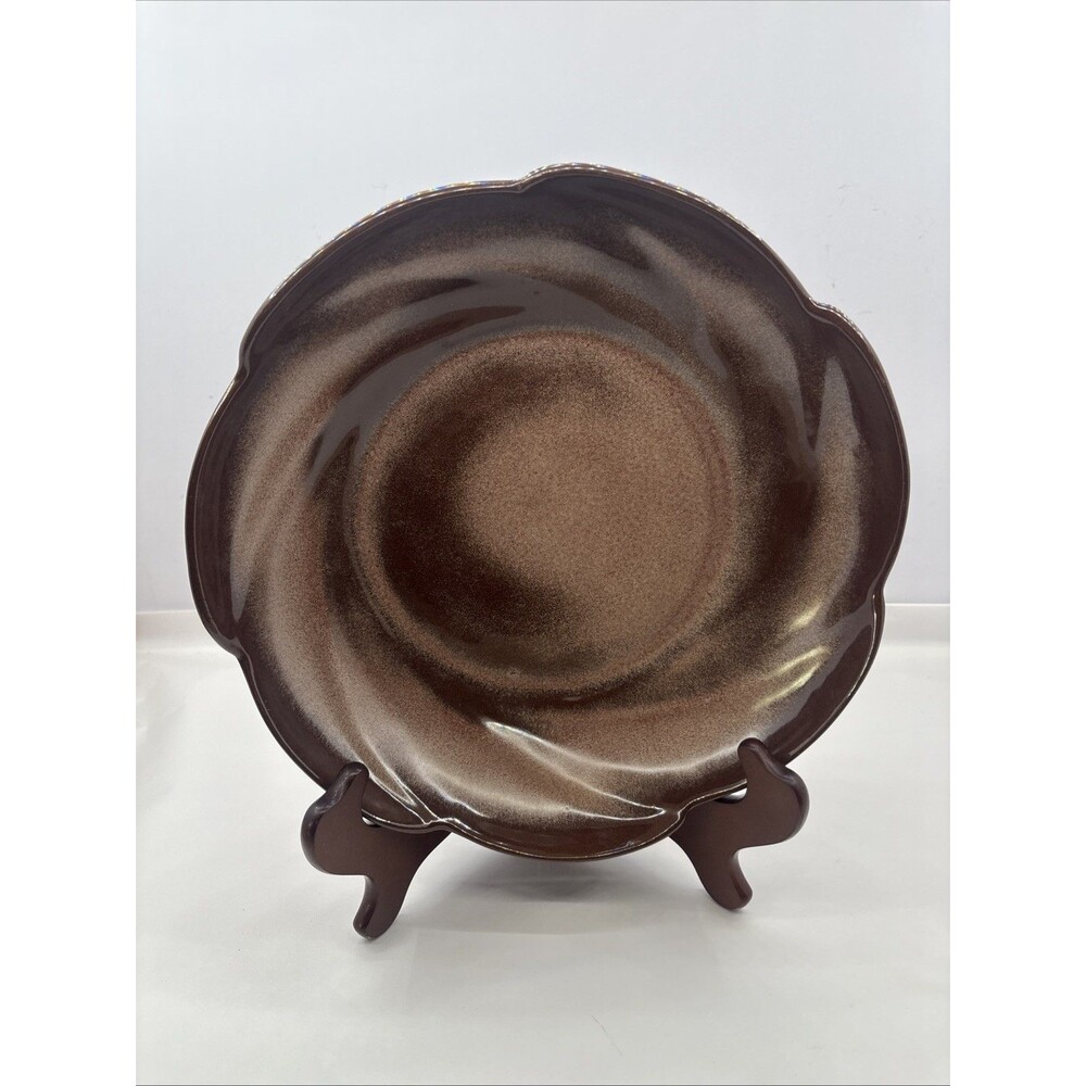 Vintage Frankoma Pottery Serving Bowl Plainsmen Brown Satin #218 Scalloped